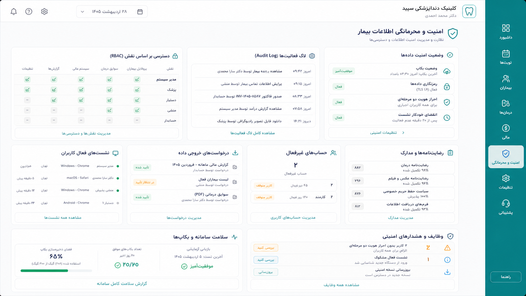 نمای امنیت اطلاعات بیمار با ماتریس دسترسی، لاگ پرونده، وضعیت پشتیبان‌گیری، نشست‌های کاربری و کنترل خروجی داده