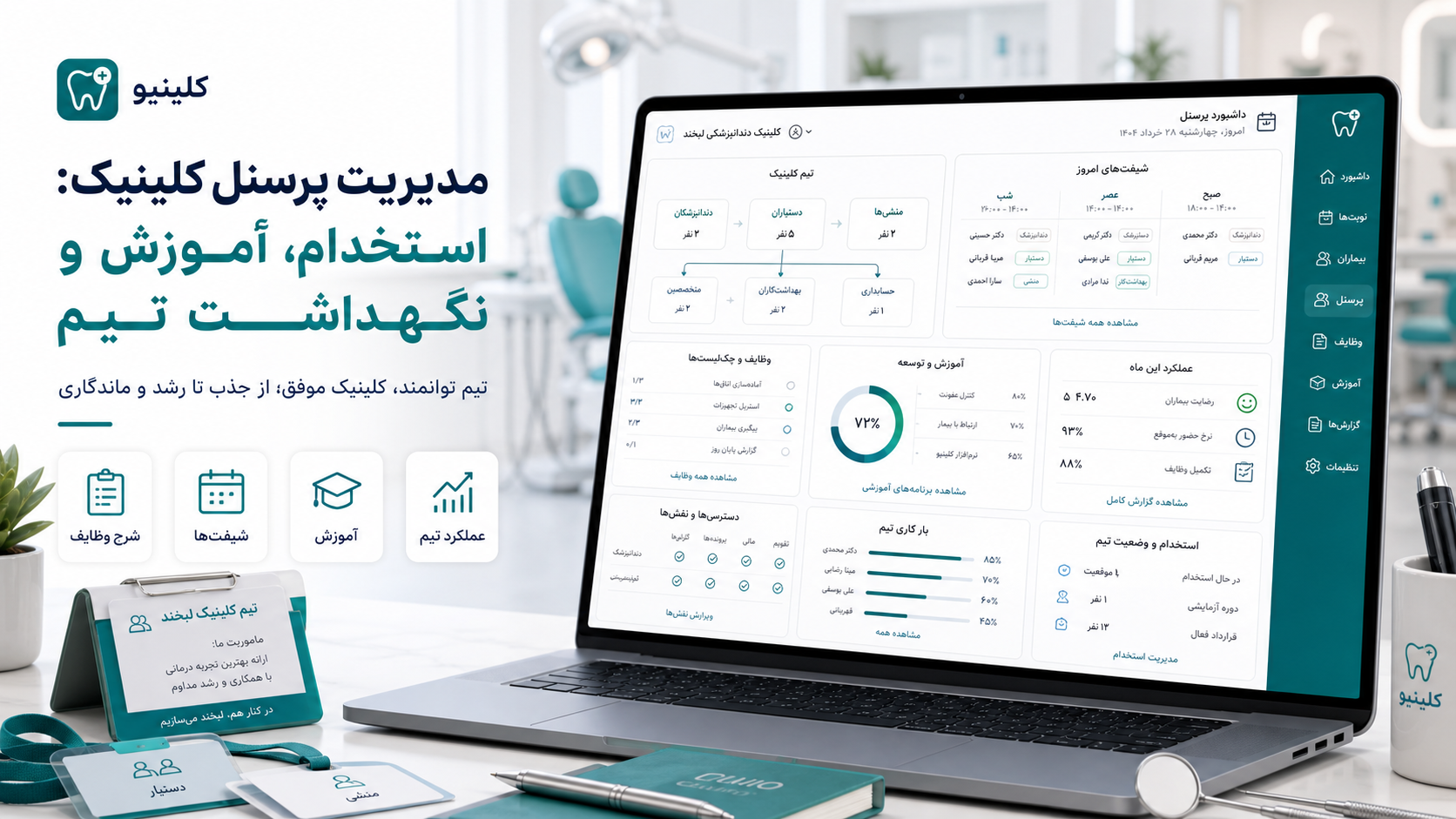 داشبورد مدیریت تیم کلینیک با شیفتها، شرح وظایف، آموزش، دسترسی نقشها و عملکرد پرسنل