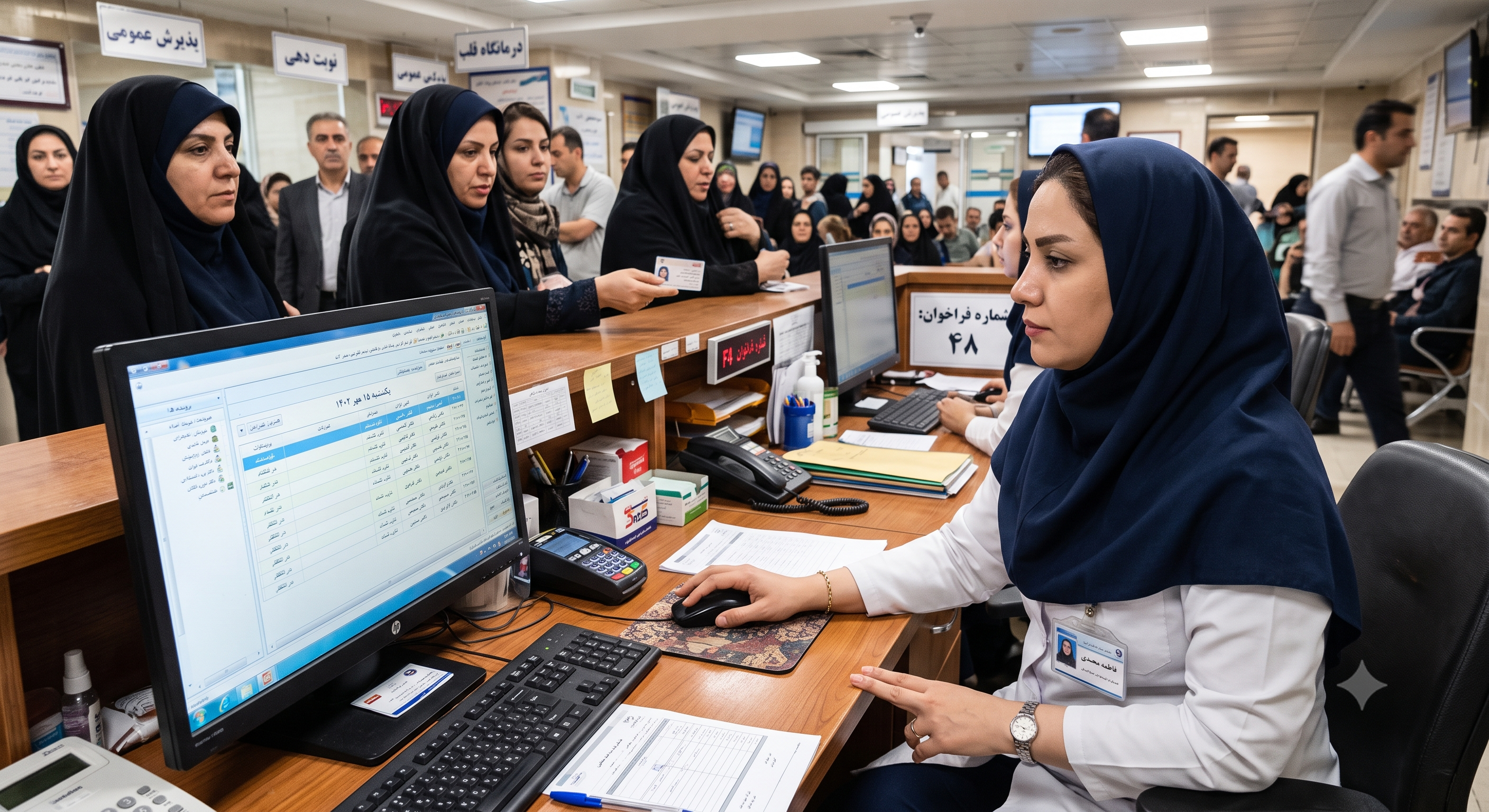 میز پذیرش کلینیک با نرمافزار نوبتدهی روی مانیتور